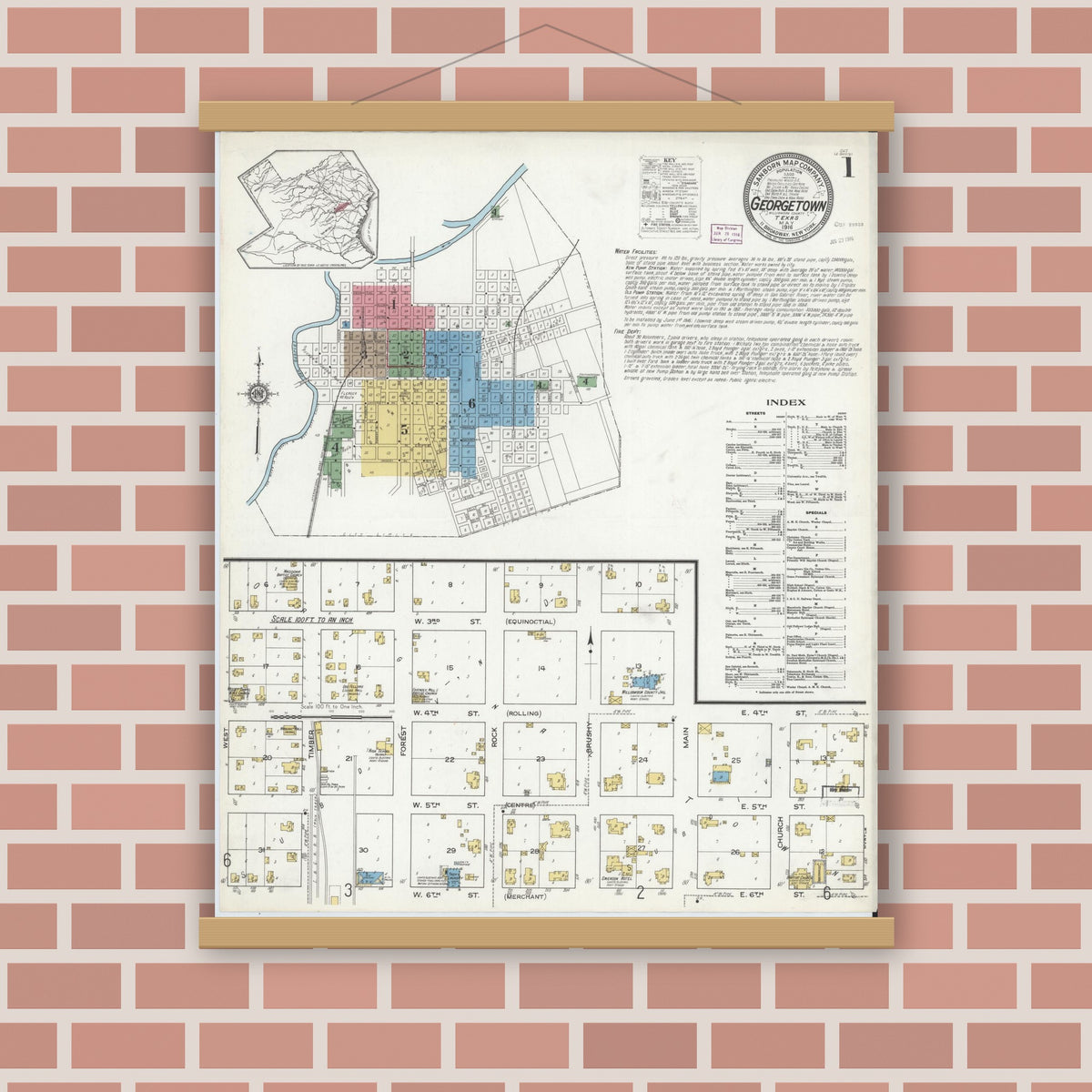 Old map wall art mockup — magnetic wood frame on brick wall — Sanborn Fire Insurance Map from Georgetown, Williamson County, Texas (1916), Sheet #0001