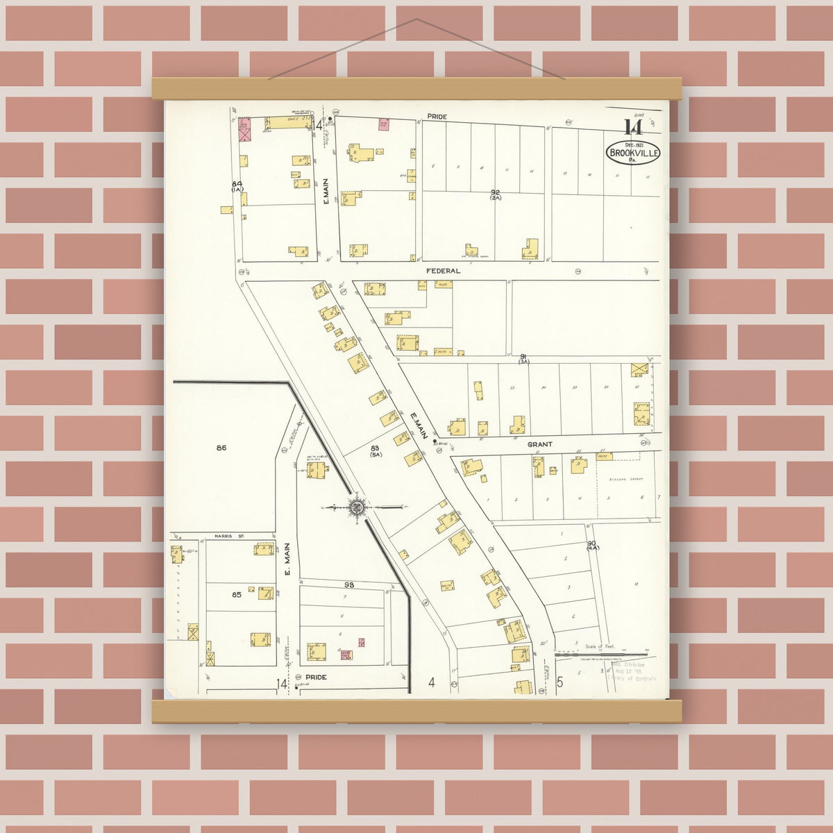 Old map wall art mockup — magnetic wood frame on brick wall — Sanborn Fire Insurance Map from Brookville, Jefferson County, Pennsylvania (1921), Sheet #0014