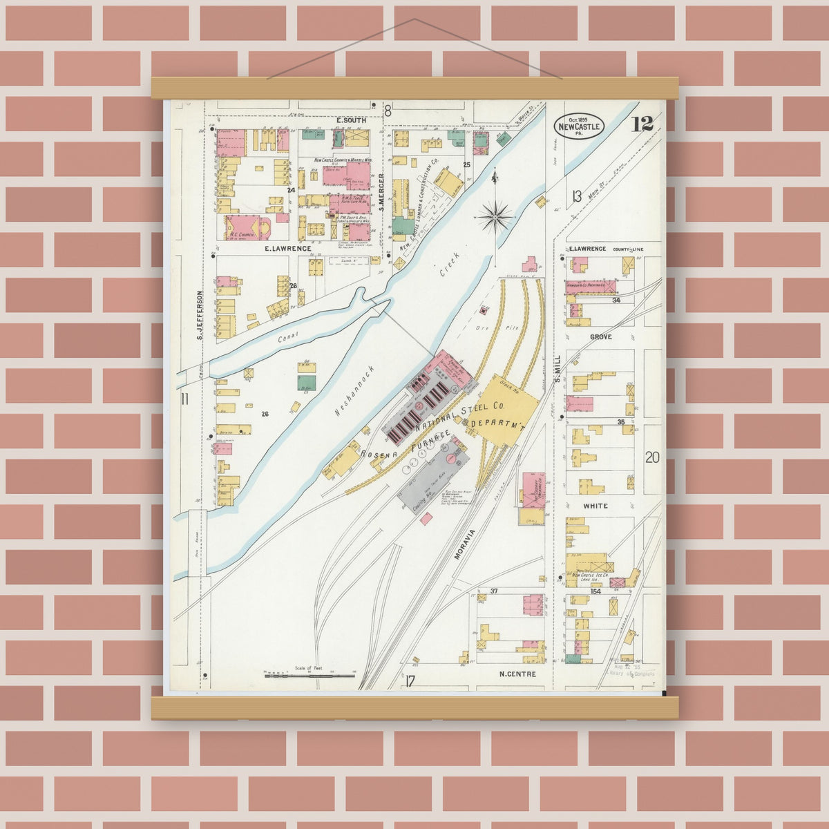 Old map wall art mockup — magnetic wood frame on brick wall — Sanborn Fire Insurance Map from New Castle, Lawrence County, Pennsylvania (1899), Sheet #0012