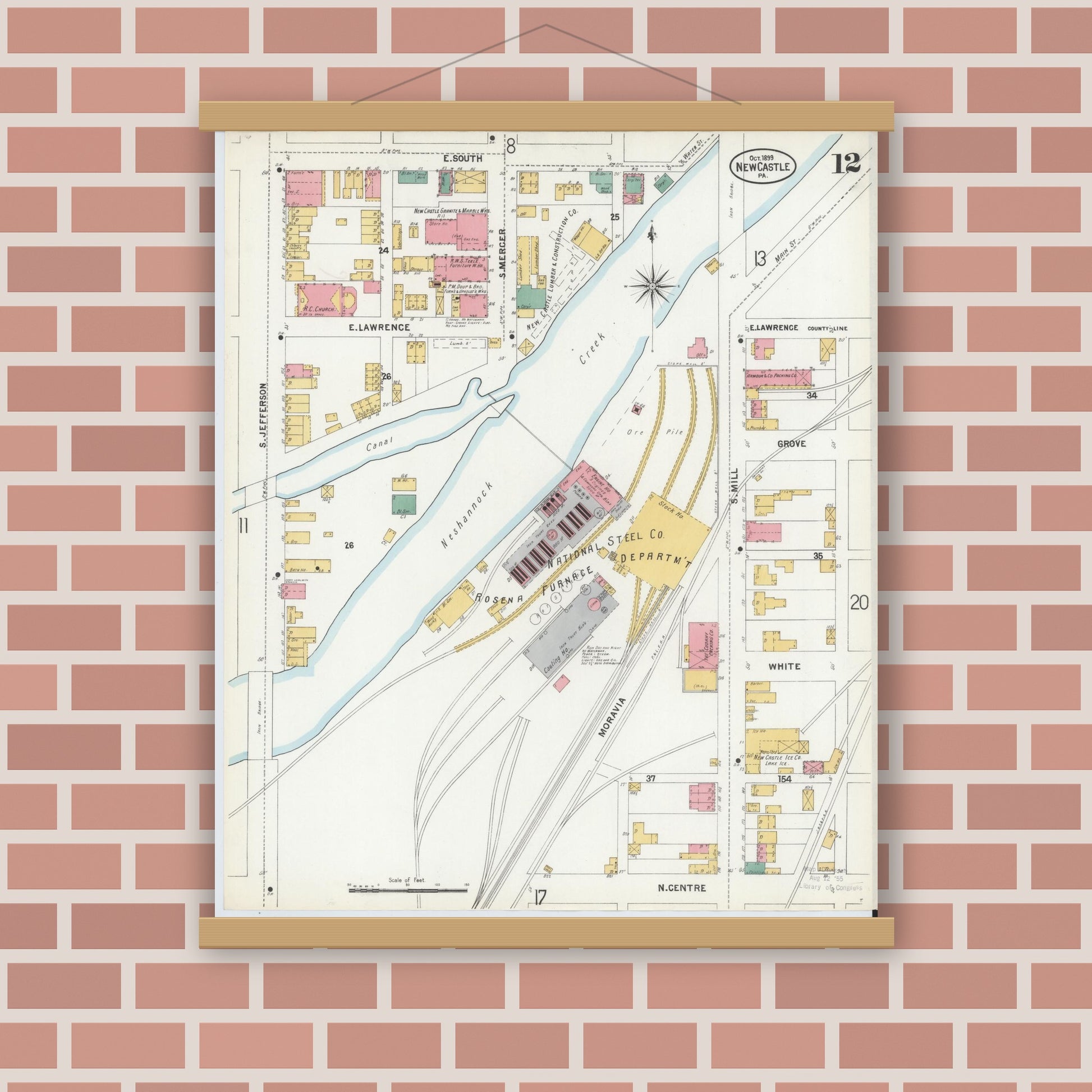 Old map wall art mockup — magnetic wood frame on brick wall — Sanborn Fire Insurance Map from New Castle, Lawrence County, Pennsylvania (1899), Sheet #0012