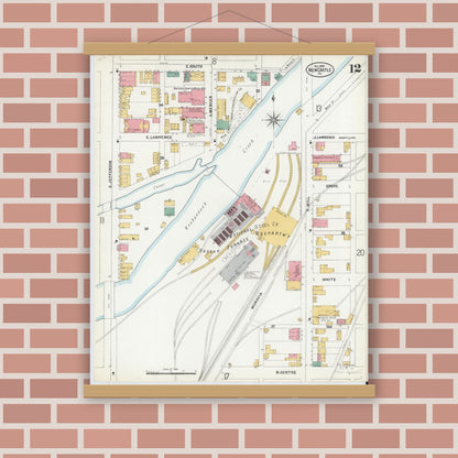 Old map wall art mockup — magnetic wood frame on brick wall — Sanborn Fire Insurance Map from New Castle, Lawrence County, Pennsylvania (1899), Sheet #0012