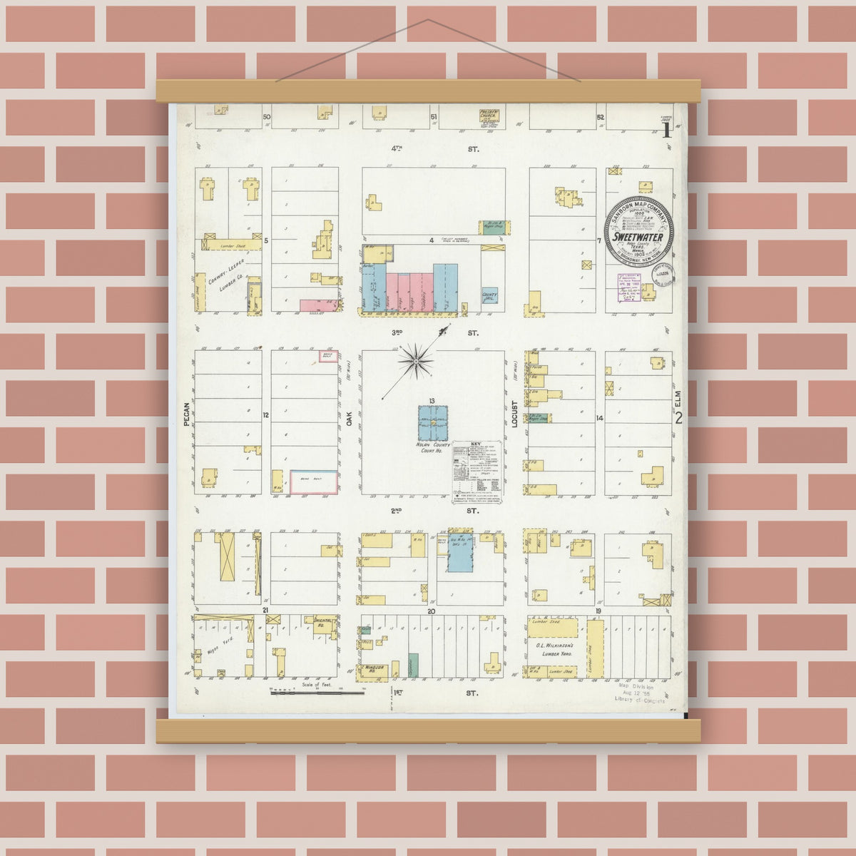 Old map wall art mockup — magnetic wood frame on brick wall — Sanborn Fire Insurance Map from Sweetwater, Nolan County, Texas (1902) - Complete Map Set