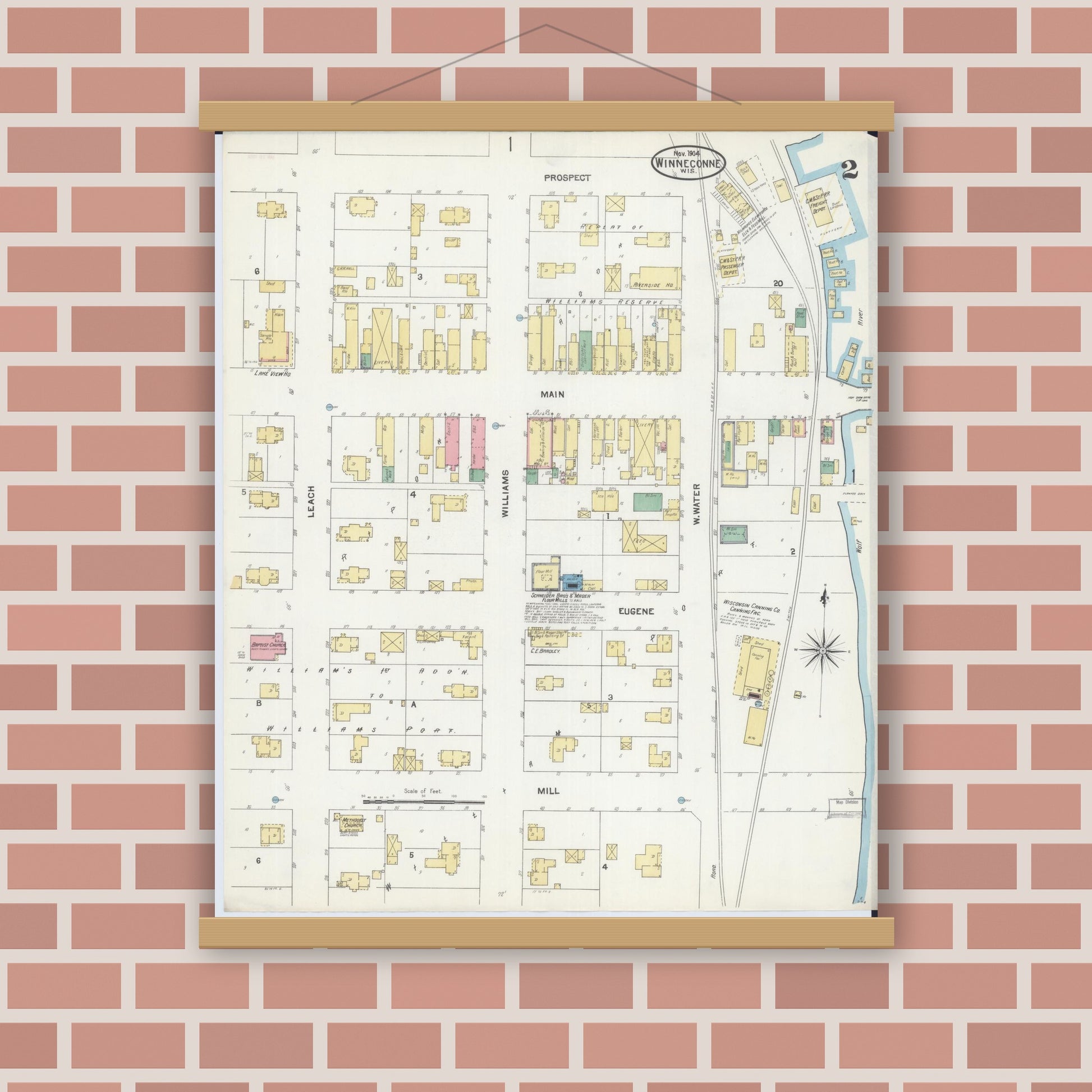 Old map wall art mockup — magnetic wood frame on brick wall — Sanborn Fire Insurance Map from Winneconne, Winnebago County, Wisconsin (1904), Sheet #0002