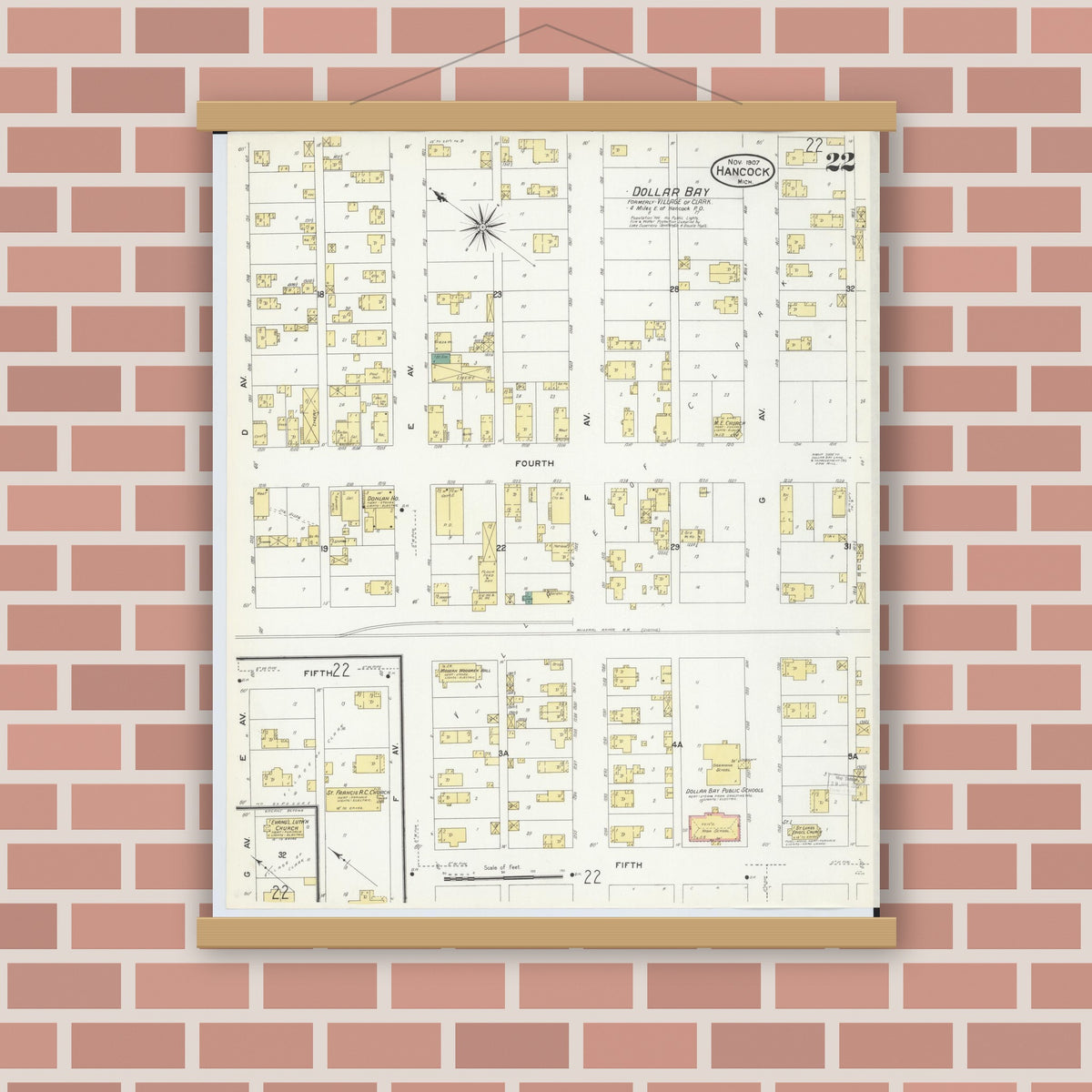 Old map wall art mockup — magnetic wood frame on brick wall — Sanborn Fire Insurance Map from Hancock, Houghton County, Michigan (1907), Sheet #0022