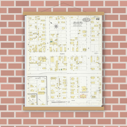Old map wall art mockup — magnetic wood frame on brick wall — Sanborn Fire Insurance Map from Hancock, Houghton County, Michigan (1907), Sheet #0022