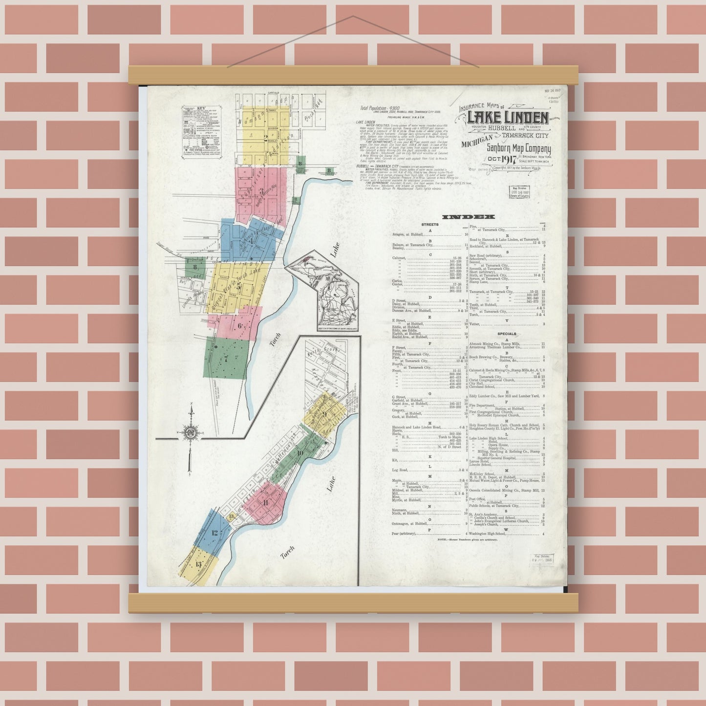 Old map wall art mockup — magnetic wood frame on brick wall — Sanborn Fire Insurance Map from Lake Linden, Houghton County, Michigan (1917) - Complete Map Set