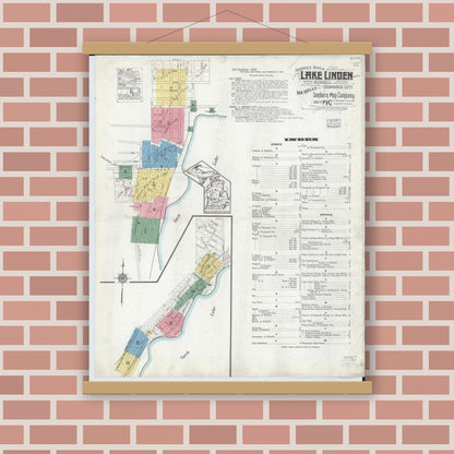 Old map wall art mockup — magnetic wood frame on brick wall — Sanborn Fire Insurance Map from Lake Linden, Houghton County, Michigan (1917) - Complete Map Set