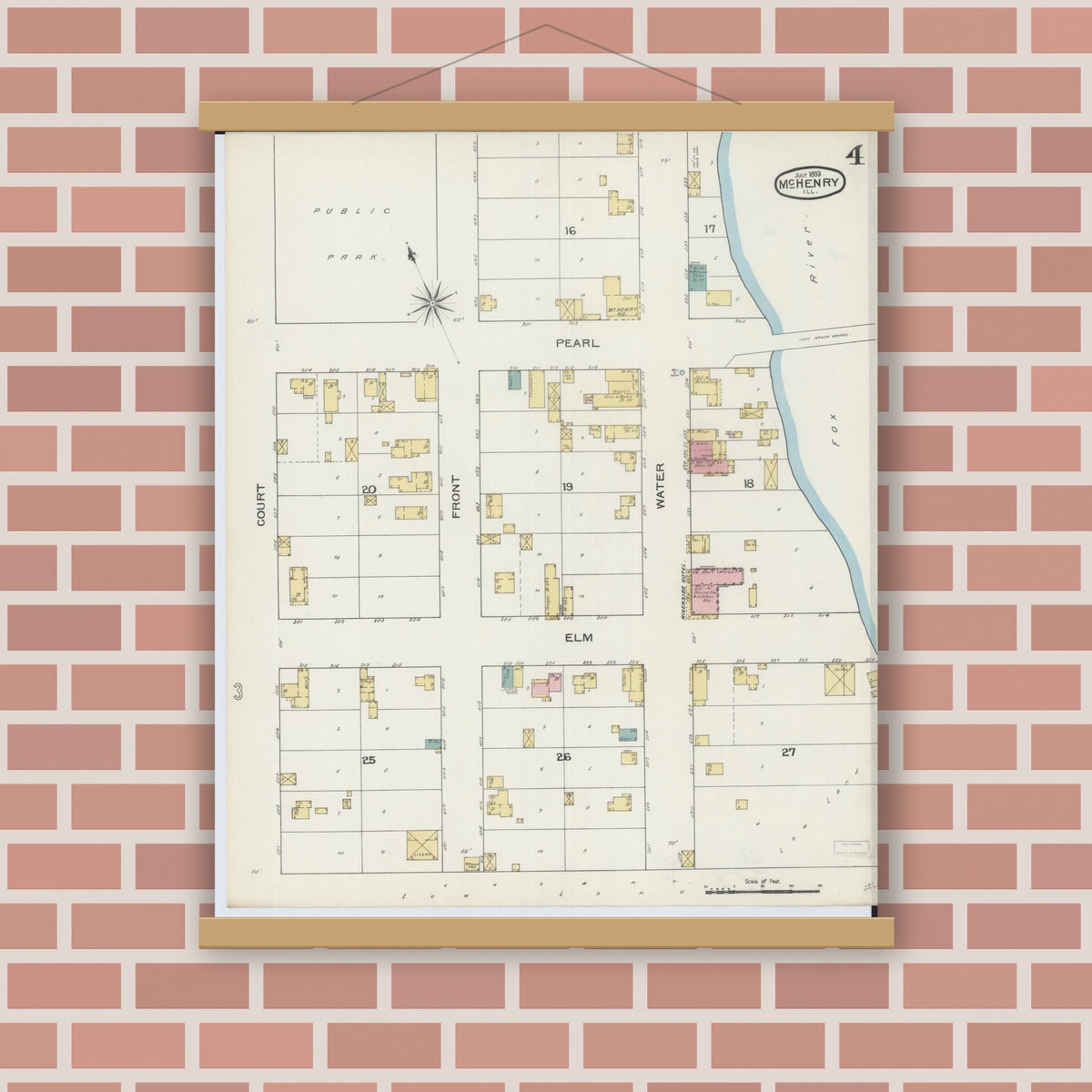 Old map wall art mockup — magnetic wood frame on brick wall — Sanborn Fire Insurance Map from McHenry, McHenry County, Illinois (1893), Sheet #0004
