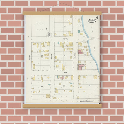 Old map wall art mockup — magnetic wood frame on brick wall — Sanborn Fire Insurance Map from McHenry, McHenry County, Illinois (1893), Sheet #0004