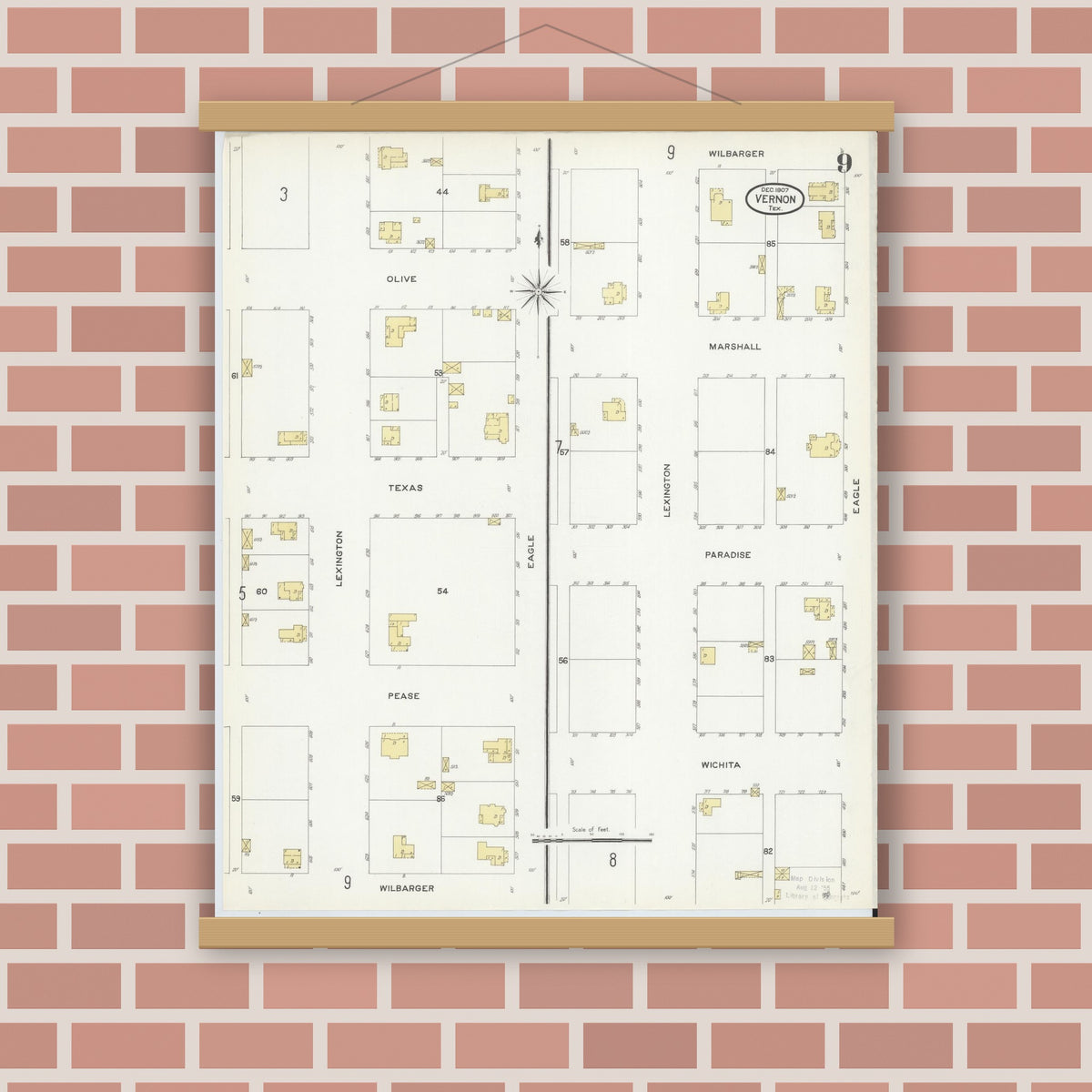 Old map wall art mockup — magnetic wood frame on brick wall — Sanborn Fire Insurance Map from Vernon, Wilbarger County, Texas (1907), Sheet #0009