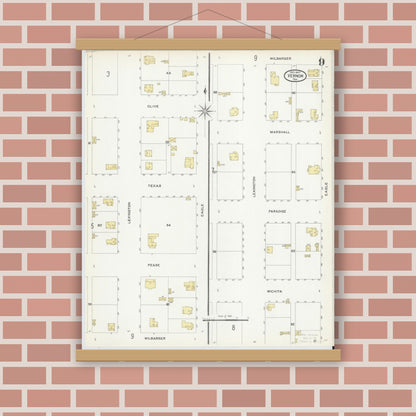 Old map wall art mockup — magnetic wood frame on brick wall — Sanborn Fire Insurance Map from Vernon, Wilbarger County, Texas (1907), Sheet #0009