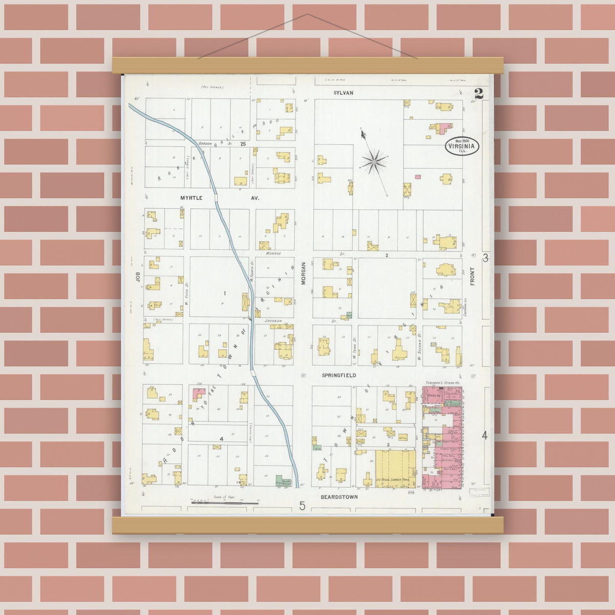 Old map wall art mockup — magnetic wood frame on brick wall — Sanborn Fire Insurance Map from Virginia, Cass County, Illinois (1900), Sheet #0002