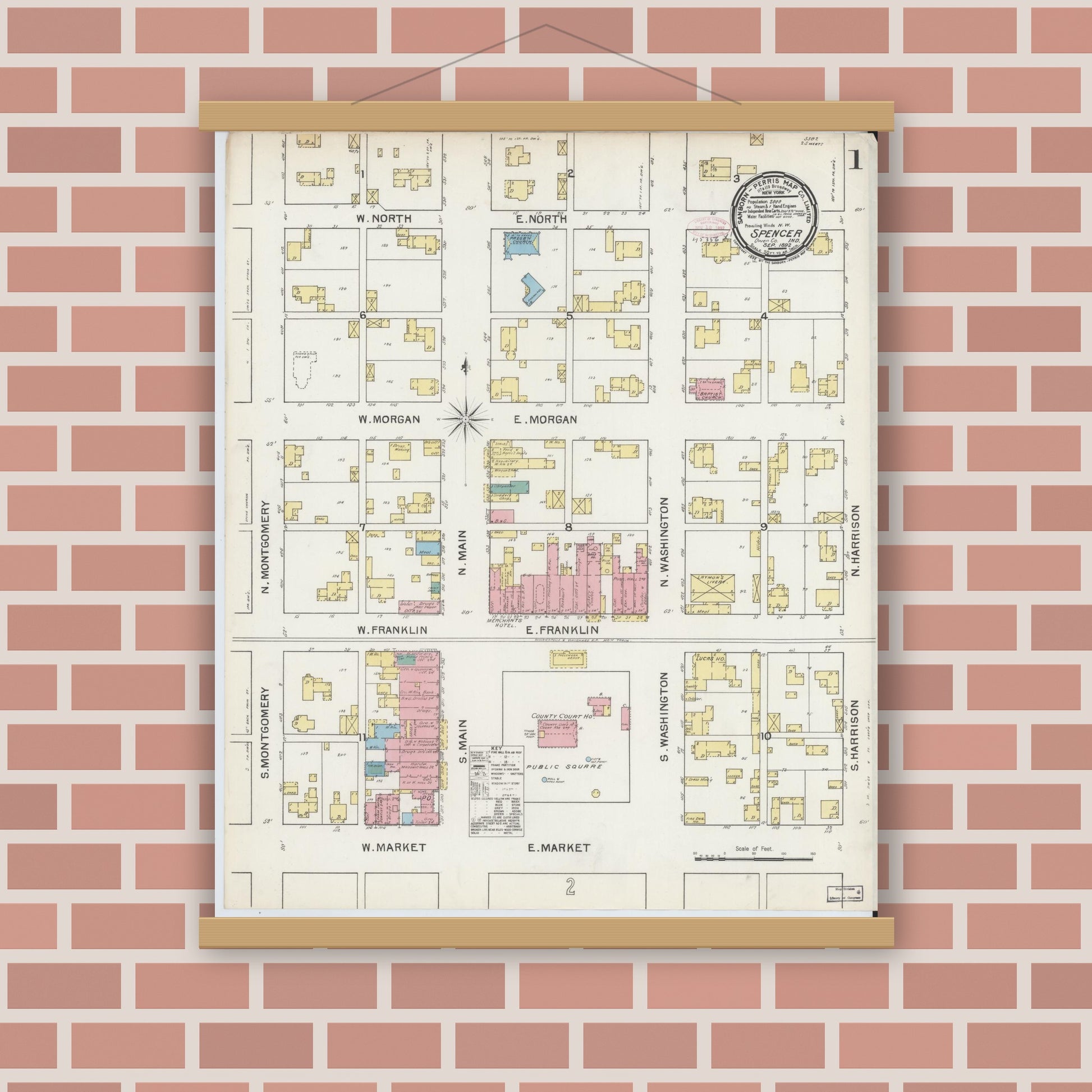 Old map wall art mockup — magnetic wood frame on brick wall — Sanborn Fire Insurance Map from Spencer, Owen County, Indiana (1892), Sheet #0001
