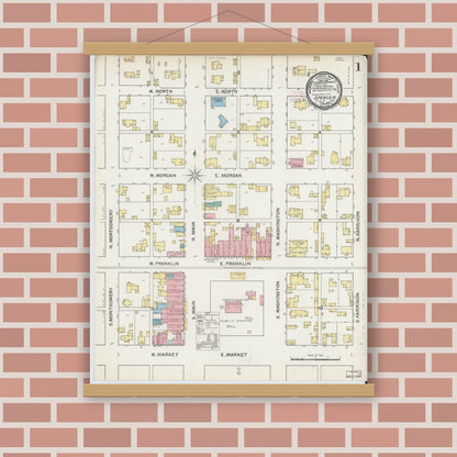 Old map wall art mockup — magnetic wood frame on brick wall — Sanborn Fire Insurance Map from Spencer, Owen County, Indiana (1892), Sheet #0001