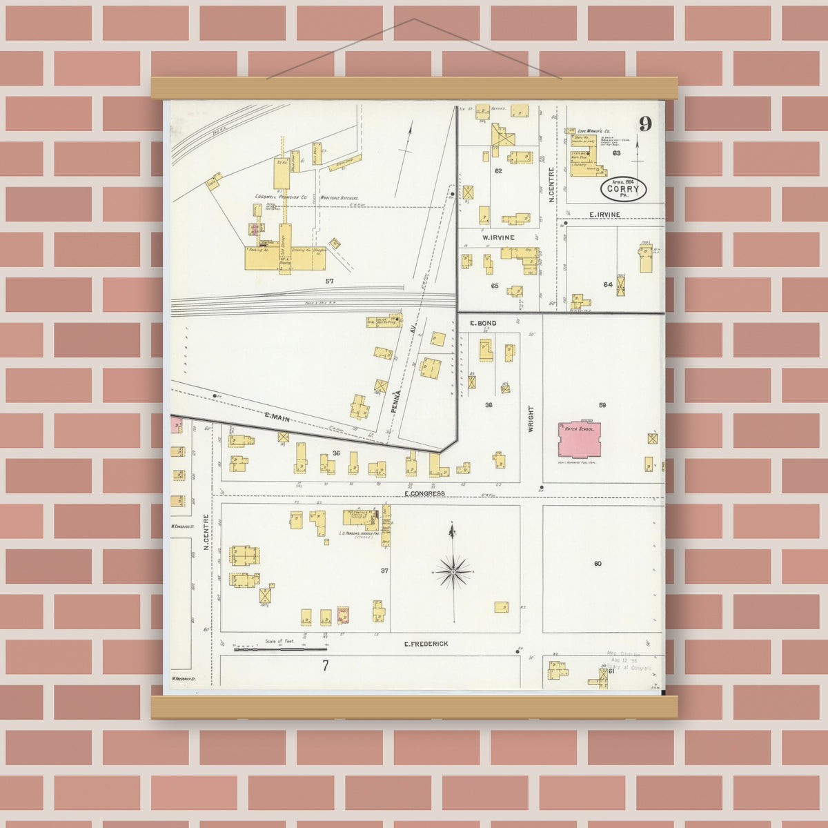 Old map wall art mockup — magnetic wood frame on brick wall — Sanborn Fire Insurance Map from Corry, Erie County, Pennsylvania (1904), Sheet #0009