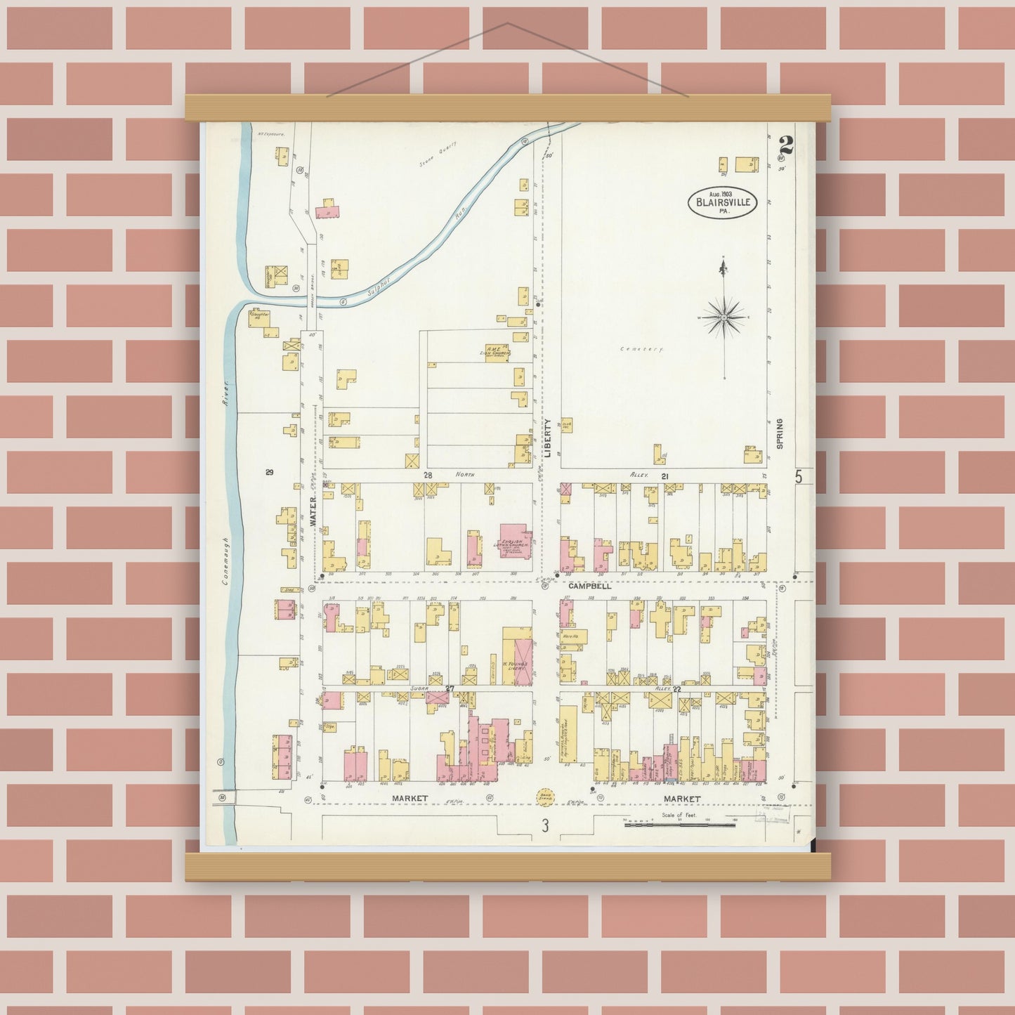 Old map wall art mockup — magnetic wood frame on brick wall — Sanborn Fire Insurance Map from Blairsville, Indiana County, Pennsylvania (1903), Sheet #0002
