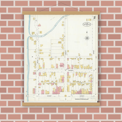 Old map wall art mockup — magnetic wood frame on brick wall — Sanborn Fire Insurance Map from Blairsville, Indiana County, Pennsylvania (1903), Sheet #0002