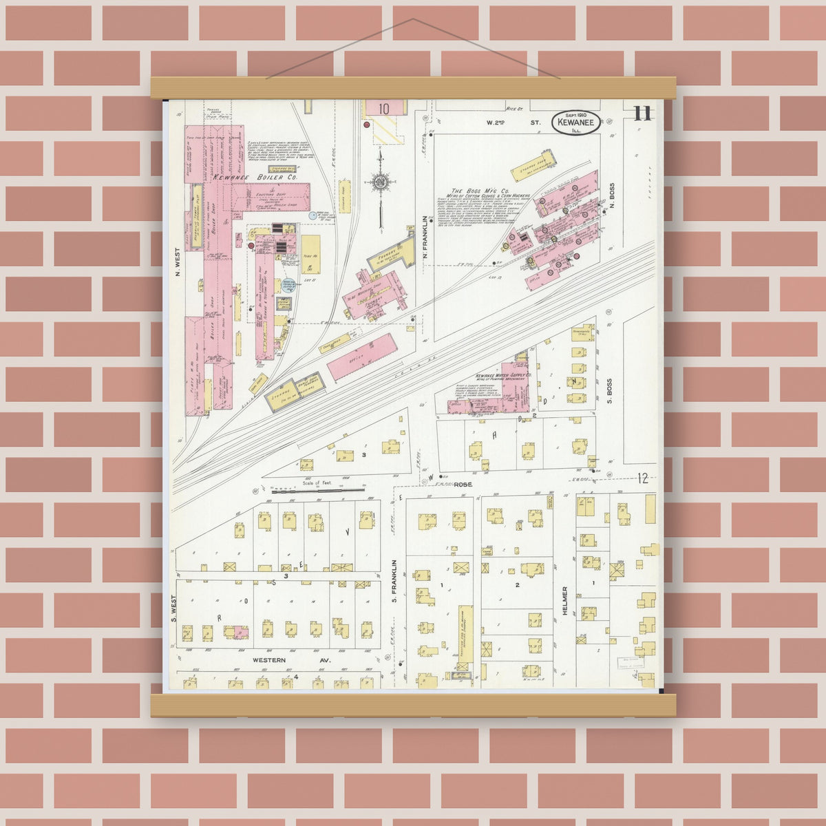 Old map wall art mockup — magnetic wood frame on brick wall — Sanborn Fire Insurance Map from Kewanee, Henry County, Illinois (1910), Sheet #0011
