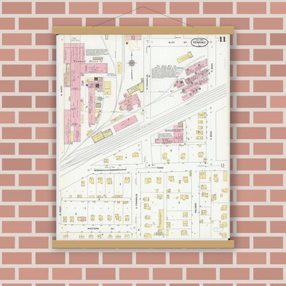 Old map wall art mockup — magnetic wood frame on brick wall — Sanborn Fire Insurance Map from Kewanee, Henry County, Illinois (1910), Sheet #0011