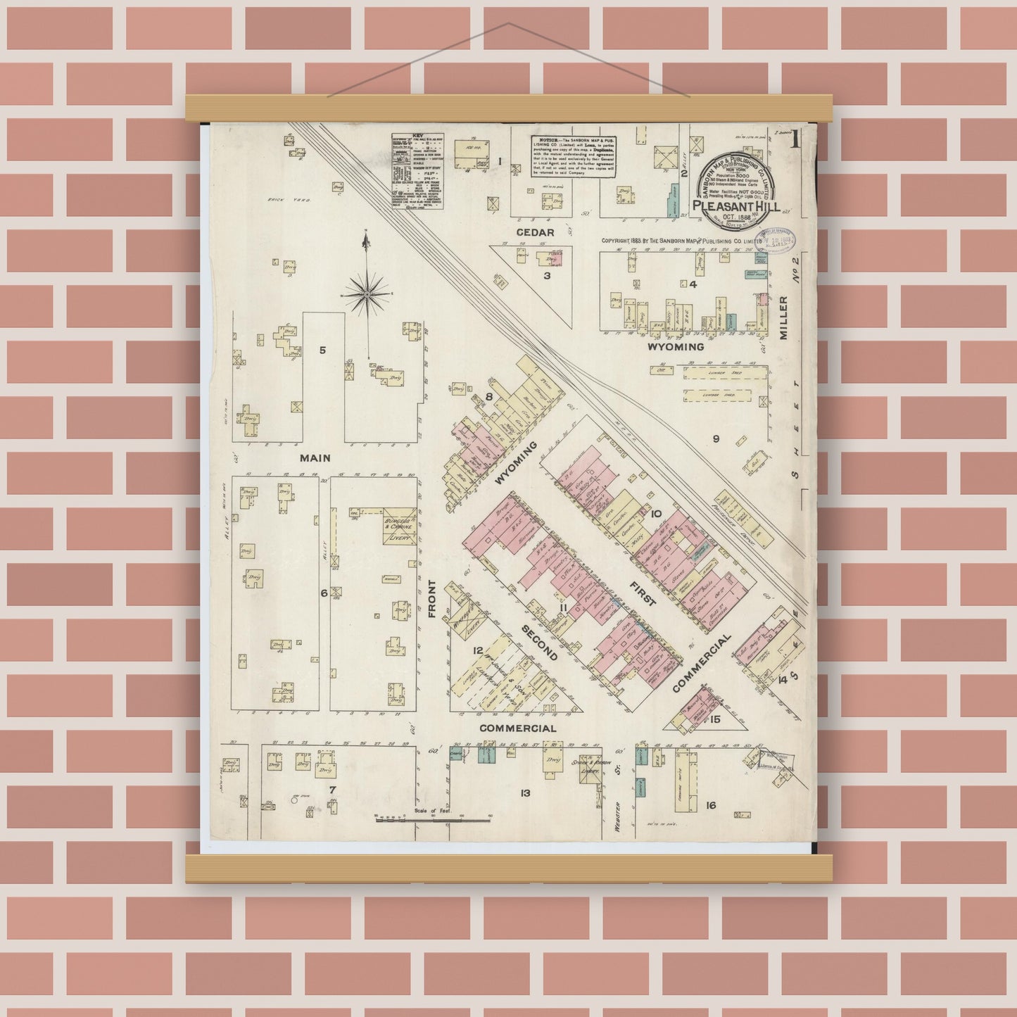 Old map wall art mockup — magnetic wood frame on brick wall — Sanborn Fire Insurance Map from Pleasant Hill, Cass County, Missouri (1883) - Complete Map Set