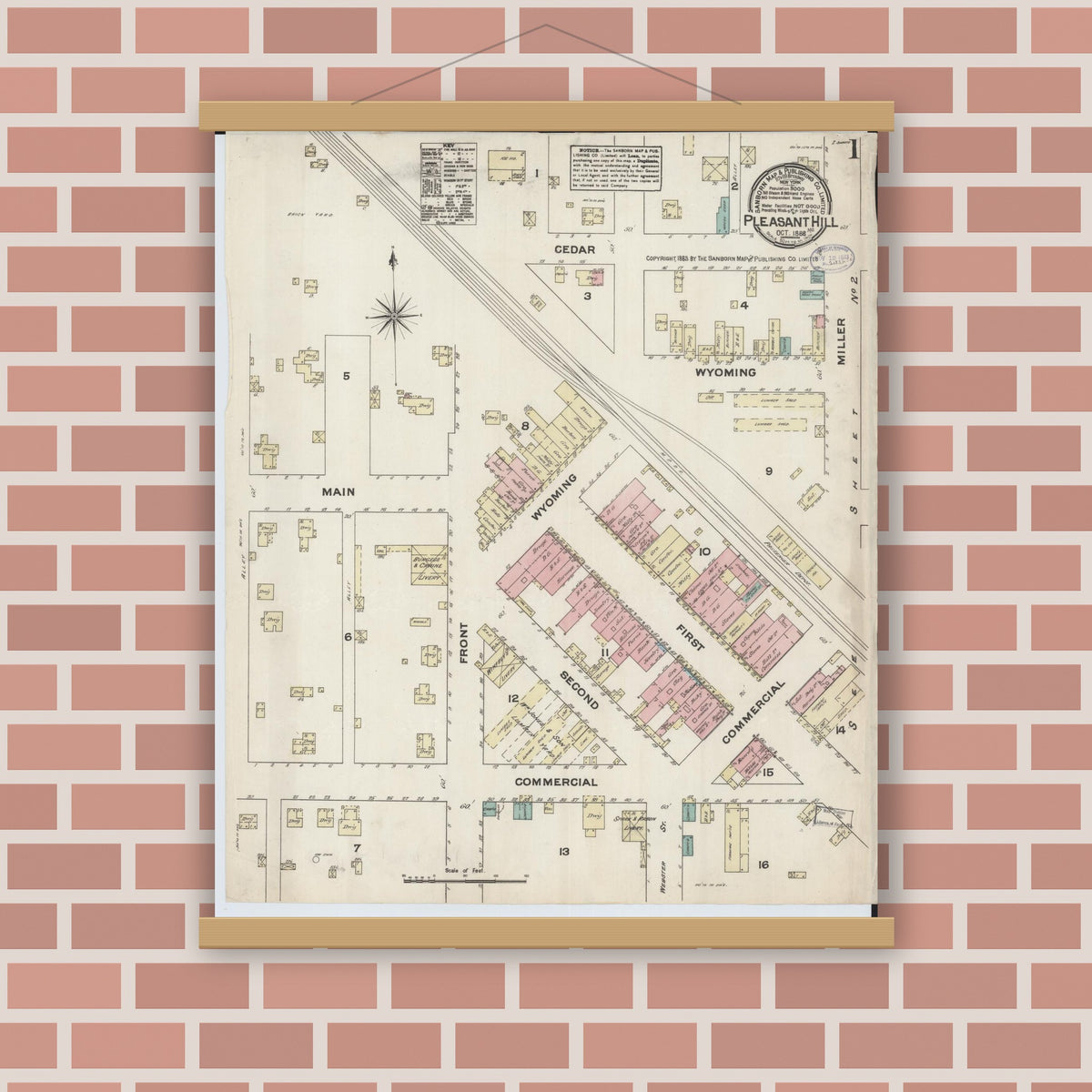 Old map wall art mockup — magnetic wood frame on brick wall — Sanborn Fire Insurance Map from Pleasant Hill, Cass County, Missouri (1883) - Complete Map Set