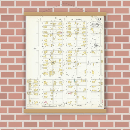 Old map wall art mockup — magnetic wood frame on brick wall — Sanborn Fire Insurance Map from Rochester, Fulton County, Indiana (1907), Sheet #0010