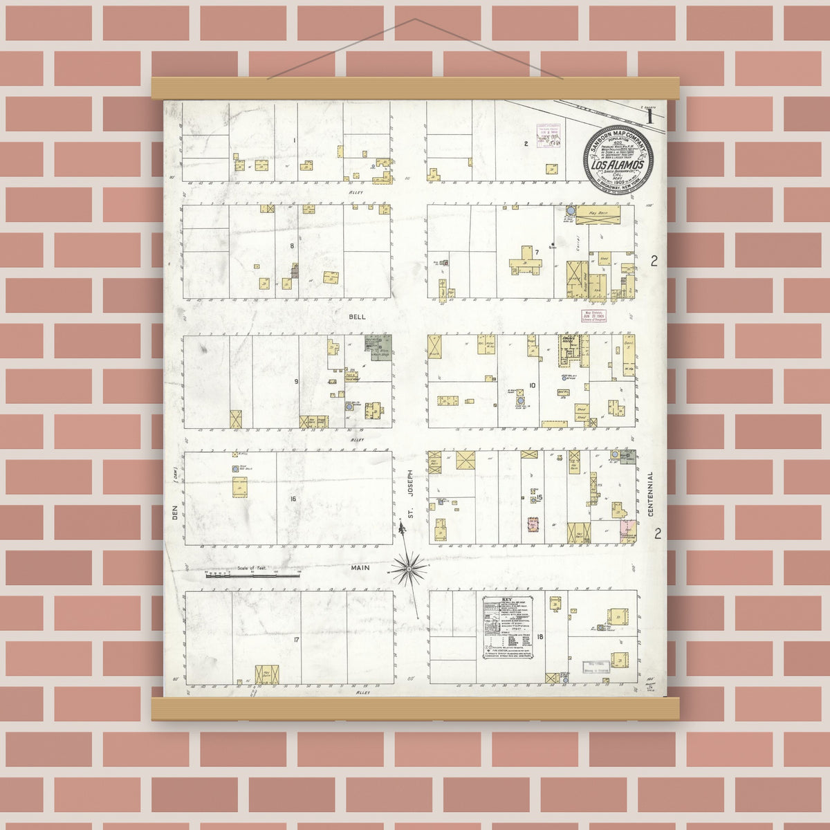 Old map wall art mockup — magnetic wood frame on brick wall — Sanborn Fire Insurance Map from Los Alamos, Santa Barbara County, California (1909), Sheet #0001
