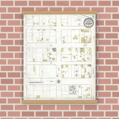 Old map wall art mockup — magnetic wood frame on brick wall — Sanborn Fire Insurance Map from Los Alamos, Santa Barbara County, California (1909), Sheet #0001