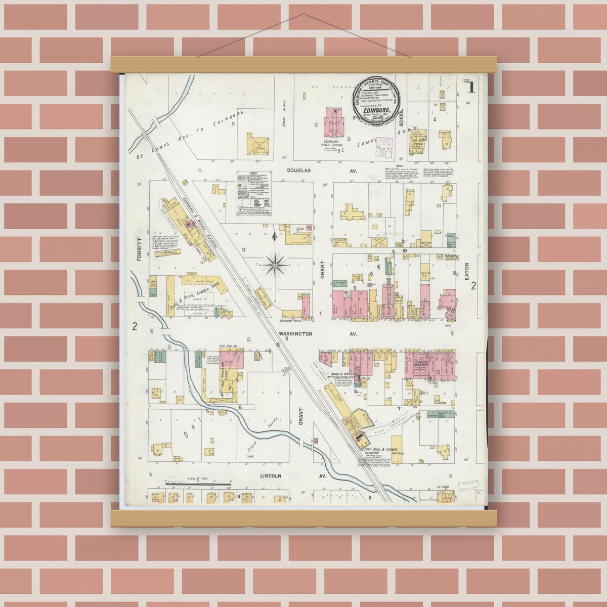 Old map wall art mockup — magnetic wood frame on brick wall — Sanborn Fire Insurance Map from Edinburgh, Christian County, Illinois (1901) - Complete Map Set