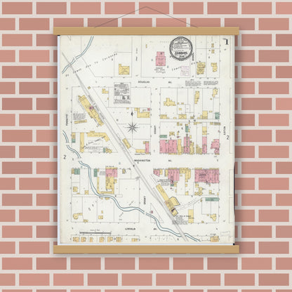 Old map wall art mockup — magnetic wood frame on brick wall — Sanborn Fire Insurance Map from Edinburgh, Christian County, Illinois (1901) - Complete Map Set