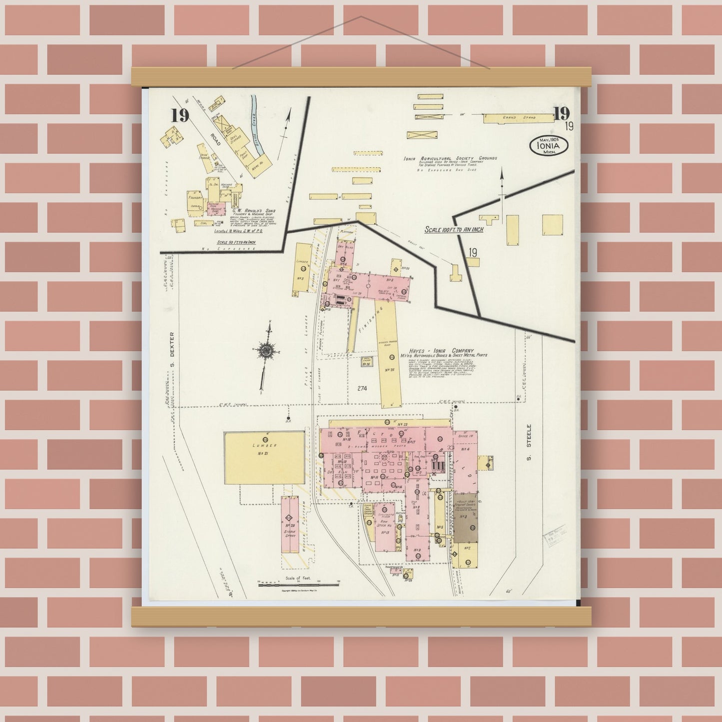 Old map wall art mockup — magnetic wood frame on brick wall — Sanborn Fire Insurance Map from Ionia, Ionia County, Michigan (1924), Sheet #0019