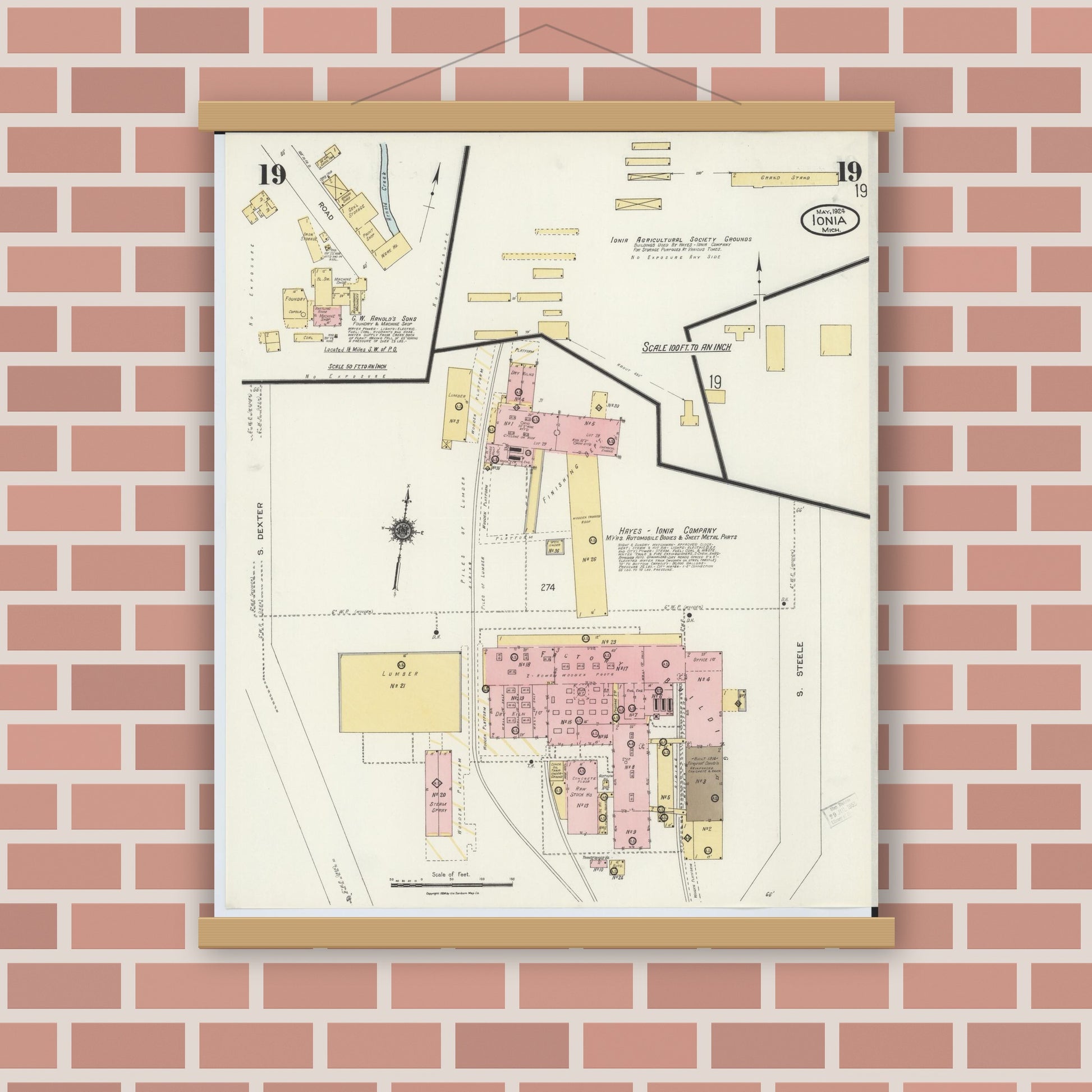 Old map wall art mockup — magnetic wood frame on brick wall — Sanborn Fire Insurance Map from Ionia, Ionia County, Michigan (1924), Sheet #0019