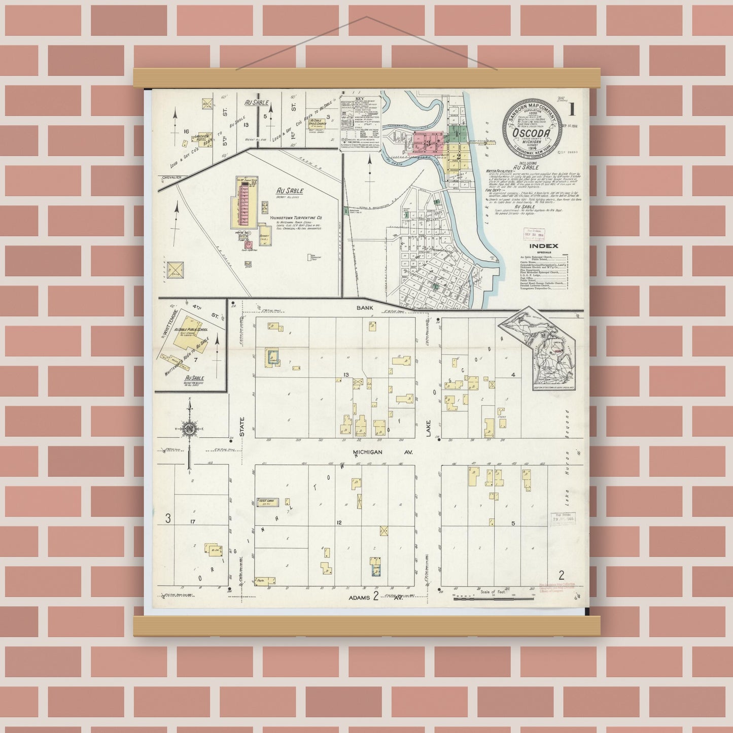 Old map wall art mockup — magnetic wood frame on brick wall — Sanborn Fire Insurance Map from Oscoda, Iosco County, Michigan (1914) - Complete Map Set