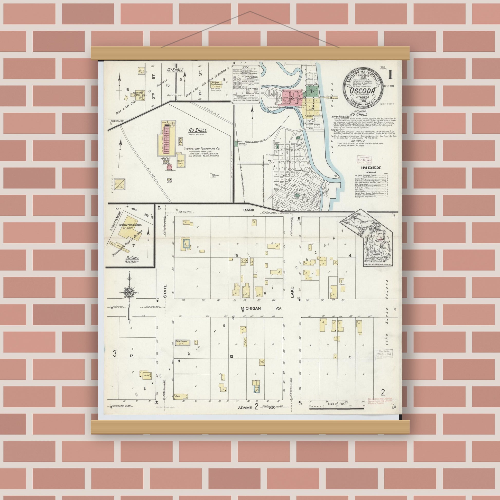 Old map wall art mockup — magnetic wood frame on brick wall — Sanborn Fire Insurance Map from Oscoda, Iosco County, Michigan (1914) - Complete Map Set