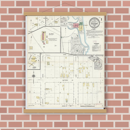 Old map wall art mockup — magnetic wood frame on brick wall — Sanborn Fire Insurance Map from Oscoda, Iosco County, Michigan (1914) - Complete Map Set