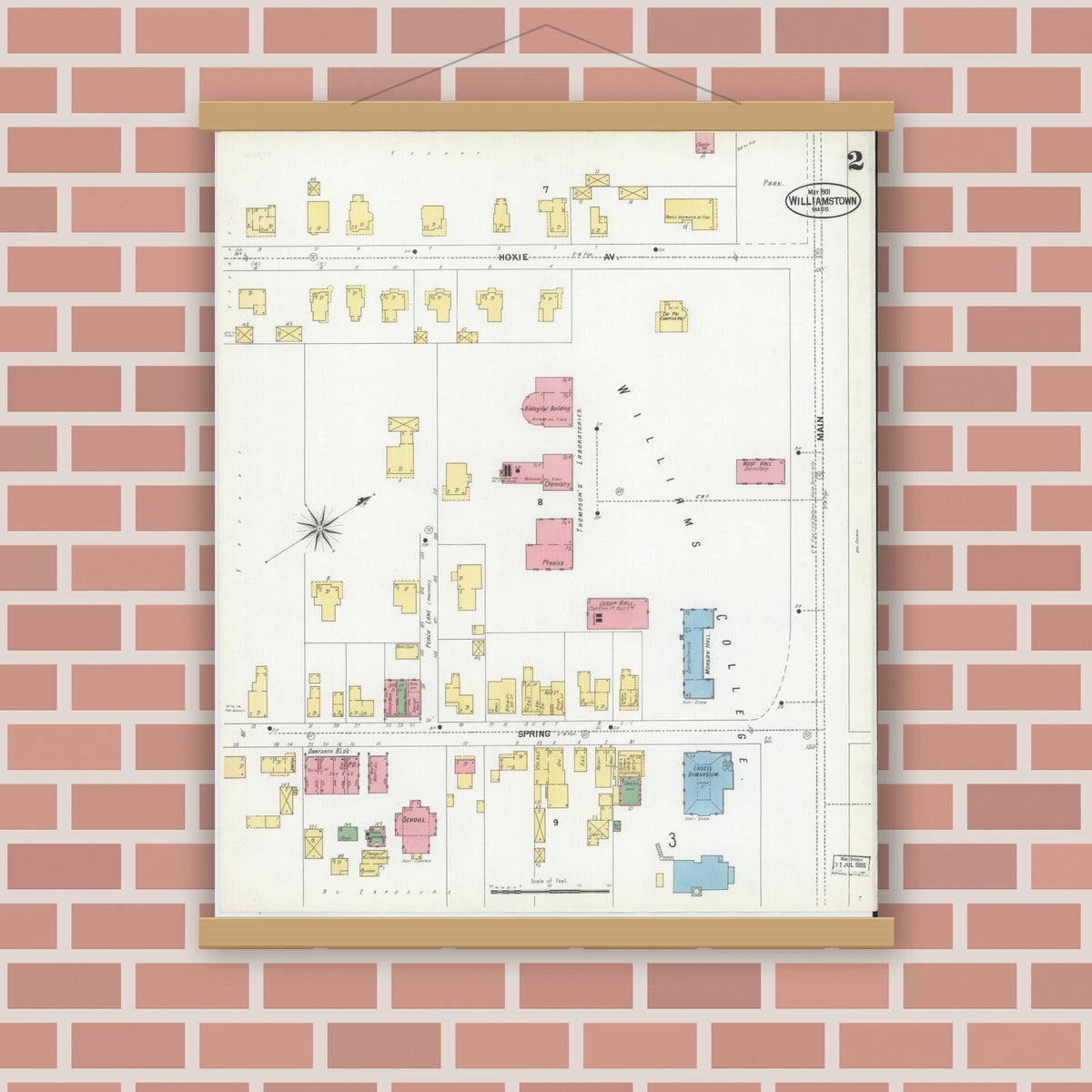 Old map wall art mockup — magnetic wood frame on brick wall — Sanborn Fire Insurance Map from Williamstown, Berkshire County, Massachusetts (1901), Sheet #0002