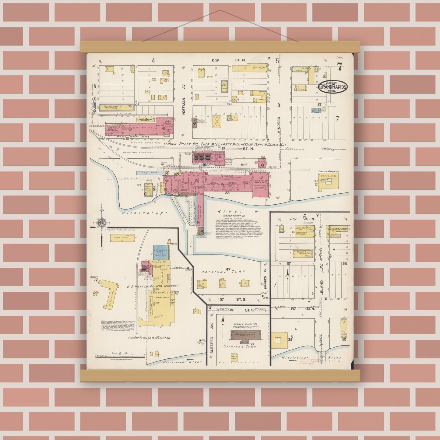 Old map wall art mockup — magnetic wood frame on brick wall — Sanborn Fire Insurance Map from Grand Rapids, Itasca County, Minnesota (1922), Sheet #0007