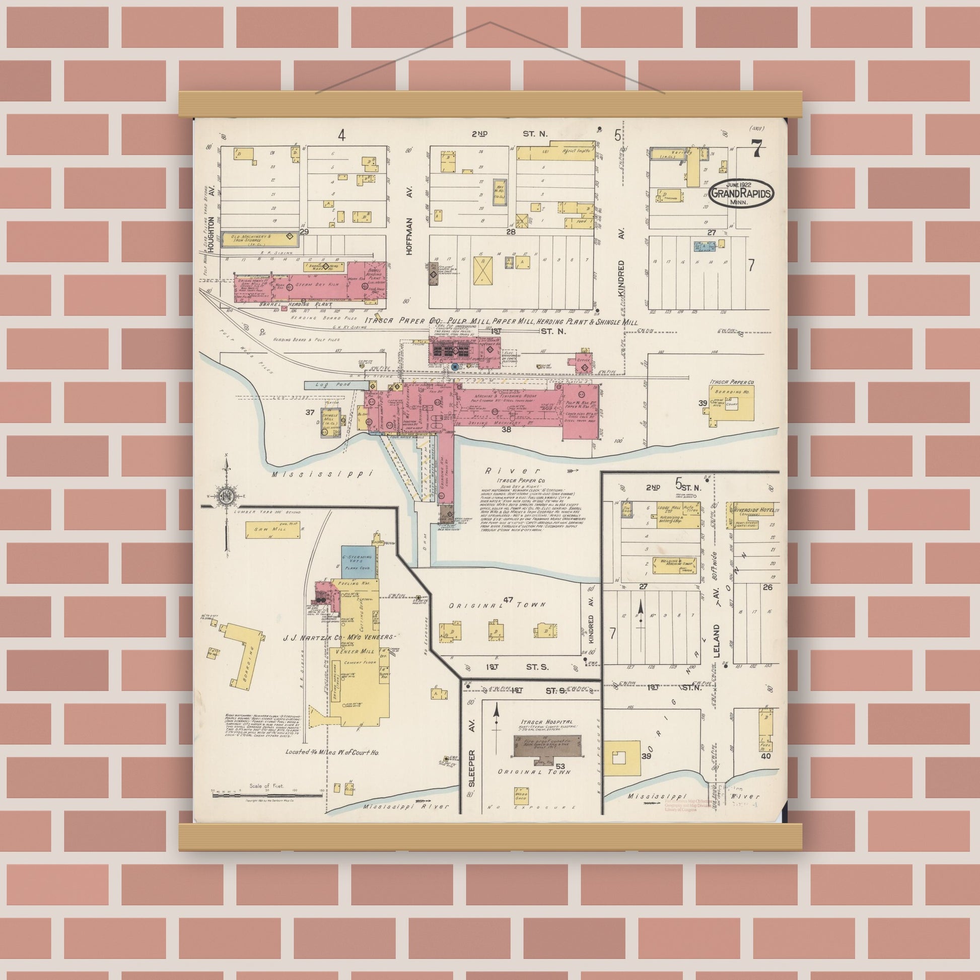 Old map wall art mockup — magnetic wood frame on brick wall — Sanborn Fire Insurance Map from Grand Rapids, Itasca County, Minnesota (1922), Sheet #0007