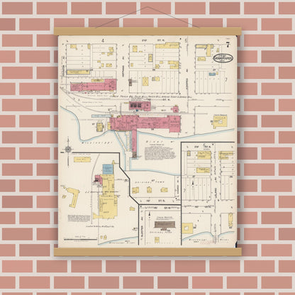 Old map wall art mockup — magnetic wood frame on brick wall — Sanborn Fire Insurance Map from Grand Rapids, Itasca County, Minnesota (1922), Sheet #0007