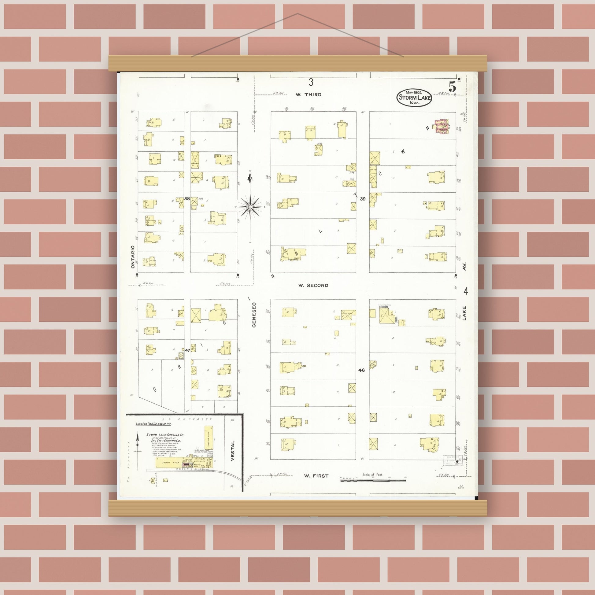 Old map wall art mockup — magnetic wood frame on brick wall — Sanborn Fire Insurance Map from Storm Lake, Buena Vista County, Iowa (1909), Sheet #0005