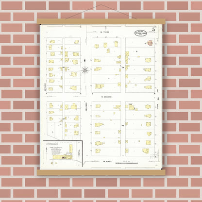 Old map wall art mockup — magnetic wood frame on brick wall — Sanborn Fire Insurance Map from Storm Lake, Buena Vista County, Iowa (1909), Sheet #0005