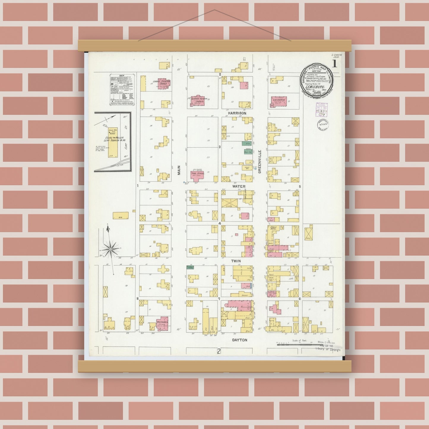 Old map wall art mockup — magnetic wood frame on brick wall — Sanborn Fire Insurance Map from Lewisburg, Preble County, Ohio (1901) - Complete Map Set