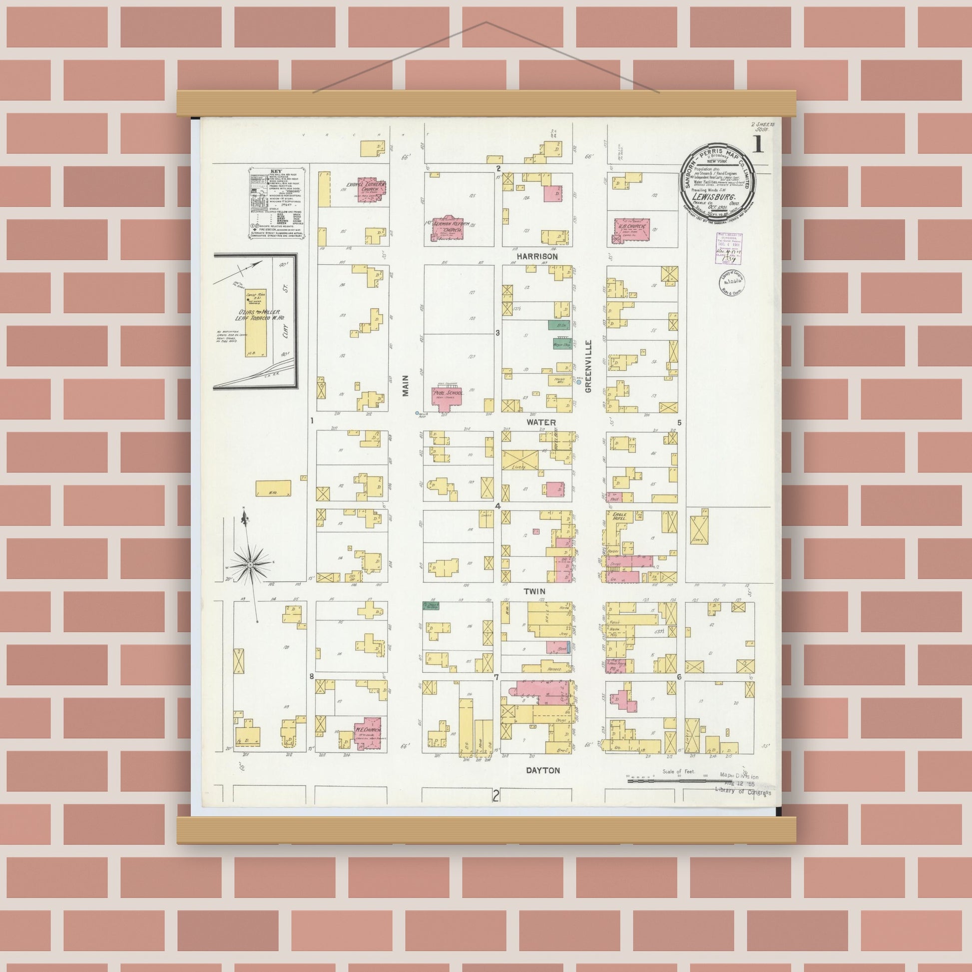 Old map wall art mockup — magnetic wood frame on brick wall — Sanborn Fire Insurance Map from Lewisburg, Preble County, Ohio (1901) - Complete Map Set