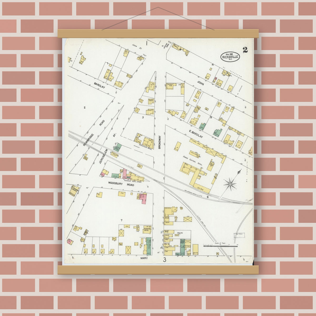 Old map wall art mockup — magnetic wood frame on brick wall — Sanborn Fire Insurance Map from Hicksville, Nassau County, New York (1902), Sheet #0002