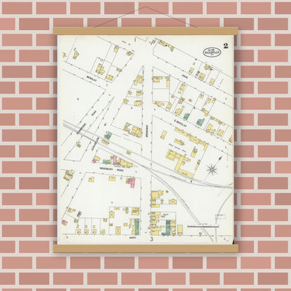 Old map wall art mockup — magnetic wood frame on brick wall — Sanborn Fire Insurance Map from Hicksville, Nassau County, New York (1902), Sheet #0002
