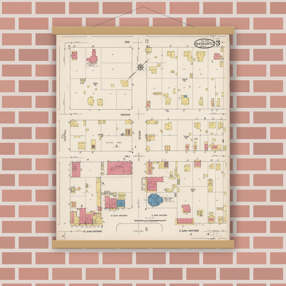 Old map wall art mockup — magnetic wood frame on brick wall — Sanborn Fire Insurance Map from New Braunfels, Comal County, Texas (1922), Sheet #0003