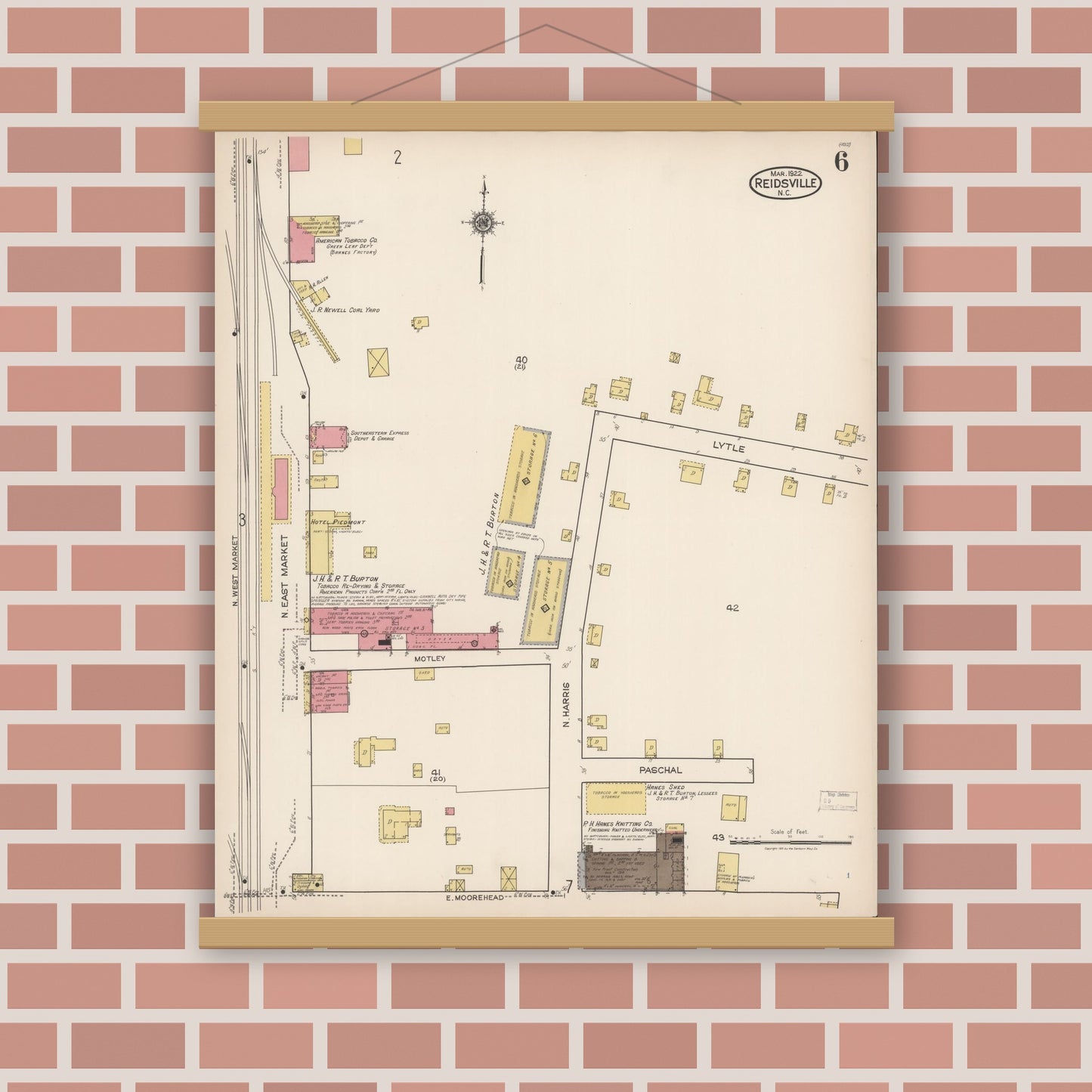Old map wall art mockup — magnetic wood frame on brick wall — Sanborn Fire Insurance Map from Reidsville, Rockingham County, North Carolina (1922), Sheet #0006
