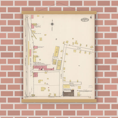 Old map wall art mockup — magnetic wood frame on brick wall — Sanborn Fire Insurance Map from Reidsville, Rockingham County, North Carolina (1922), Sheet #0006