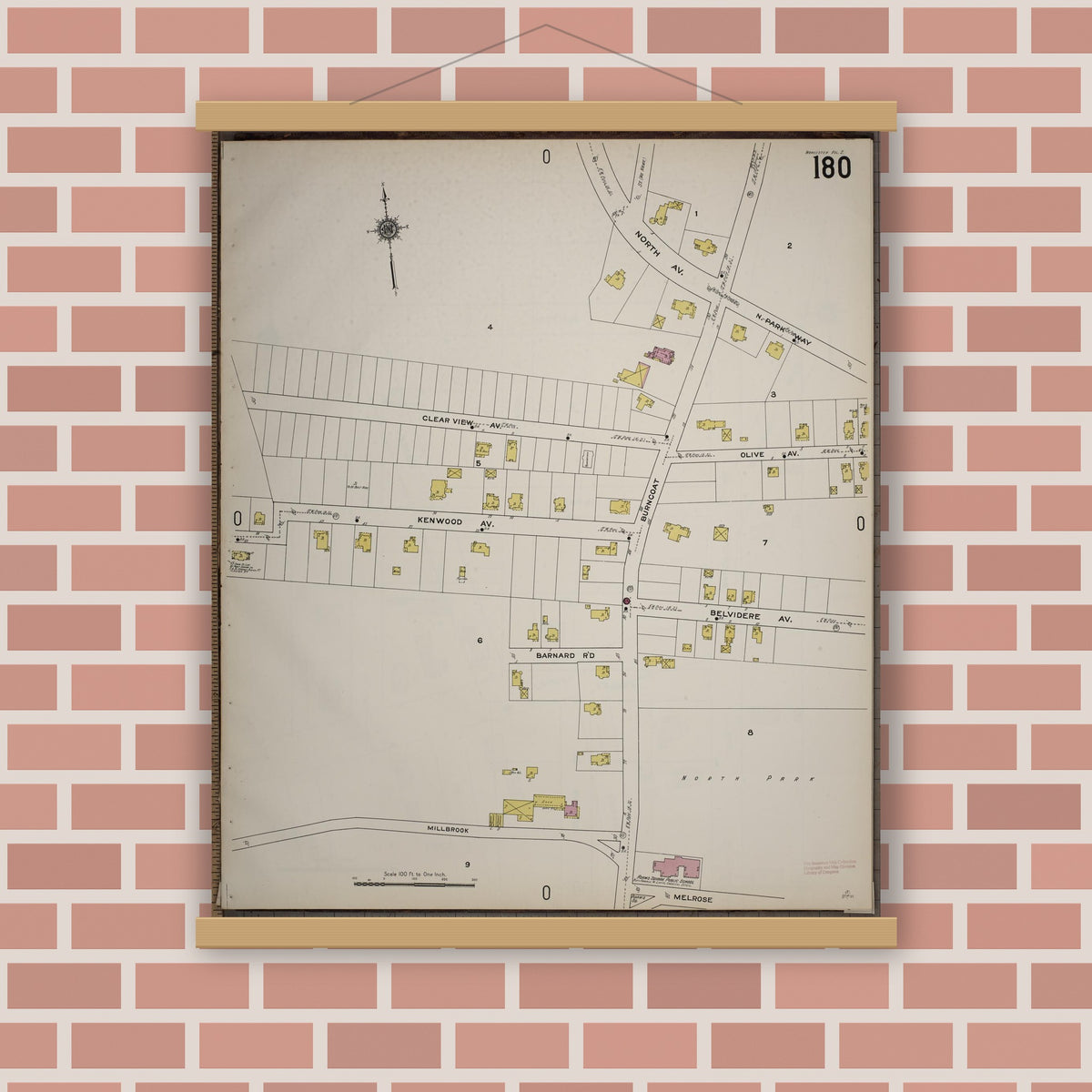 Old map wall art mockup — magnetic wood frame on brick wall — Sanborn Fire Insurance Map from Worcester, Worcester County, Massachusetts (1910), Sheet #0180