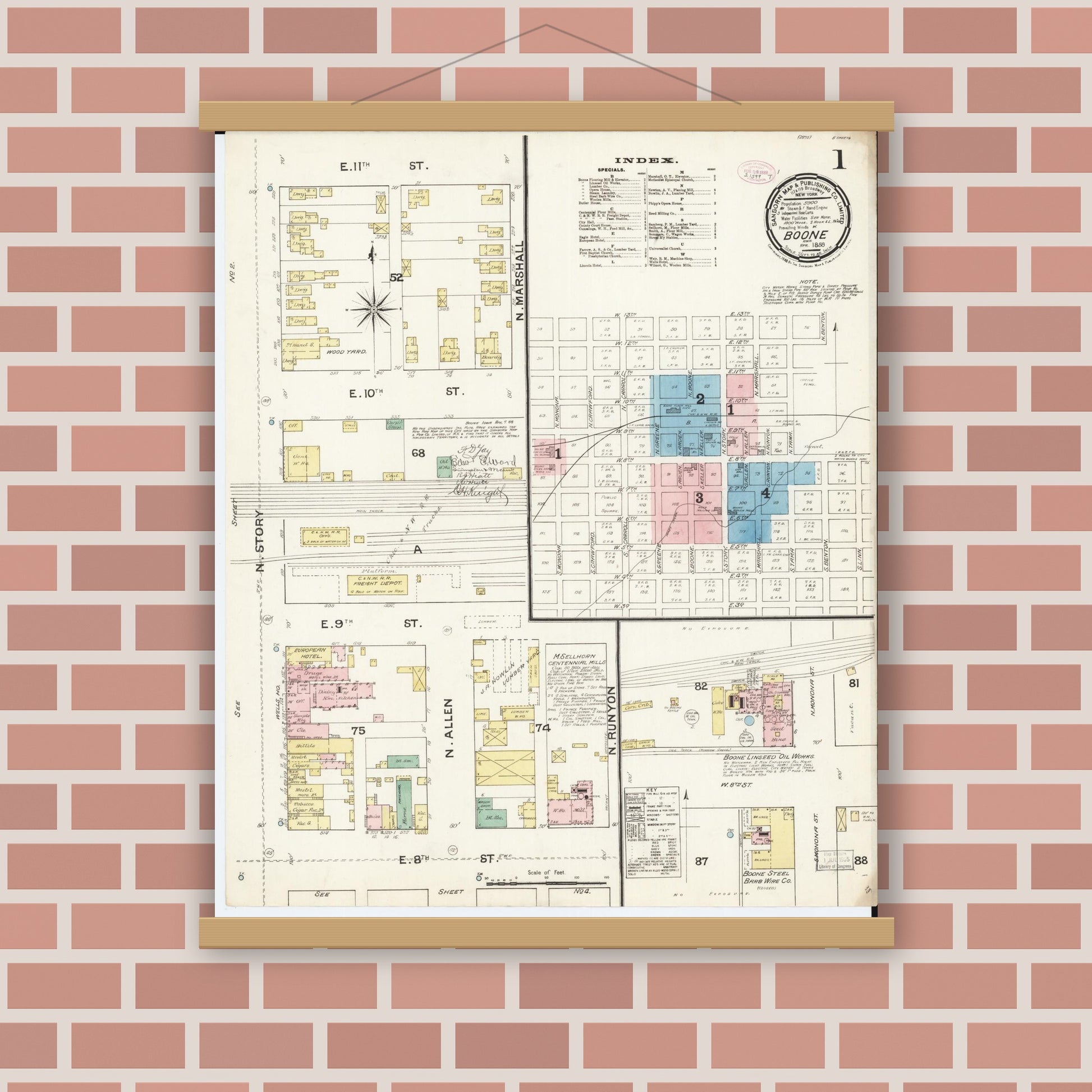 Old map wall art mockup — magnetic wood frame on brick wall — Sanborn Fire Insurance Map from Boone, Boone County, Iowa (1888), Sheet #0001